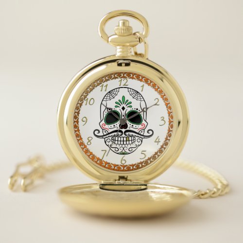 Gold sugar skull cranium mustache pocket watch 1