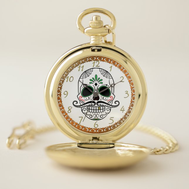 Gold sugar skull cranium mustache pocket watch 1 (Inside)