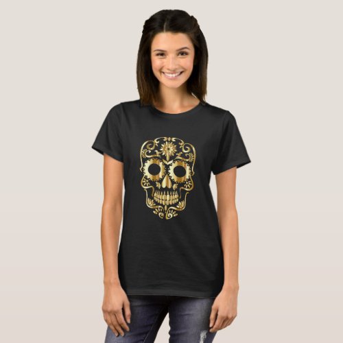 Gold Sugar Skull on Black T_Shirt