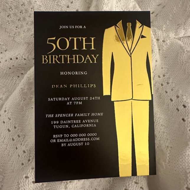 Gold Suit Tie Black Mens 50th Birthday Party Real Foil Invitation (Creator Uploaded)
