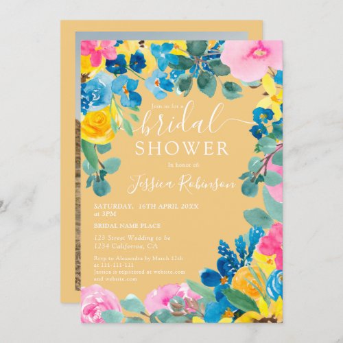 Gold summer floral photo bridal shower invitation