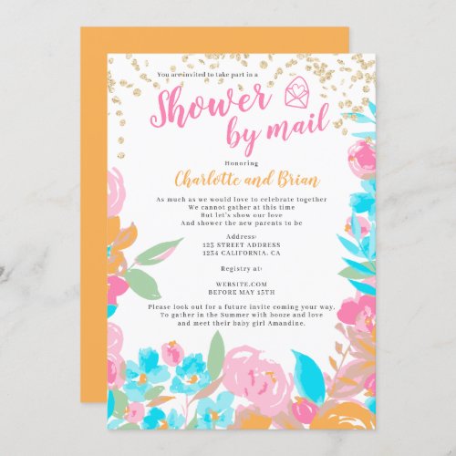 Gold summer floral watercolor baby shower by mail invitation