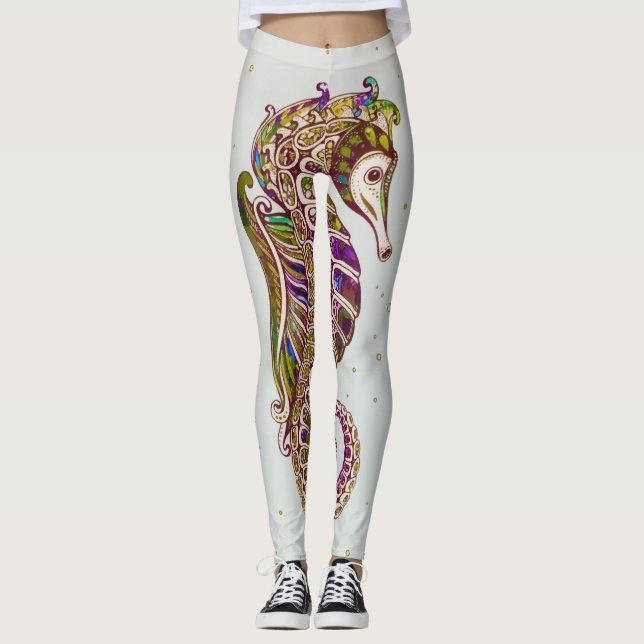 Gold Summer Rainbow Seahorse Glitter Leggings (Front)