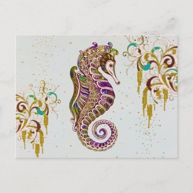 Gold Summer Rainbow Seahorse Glitter Postcard (Front)