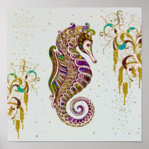 Gold Summer Rainbow Seahorse Glitter Poster