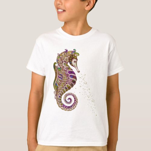 Gold Summer Rainbow Seahorse Glitter T_Shirt