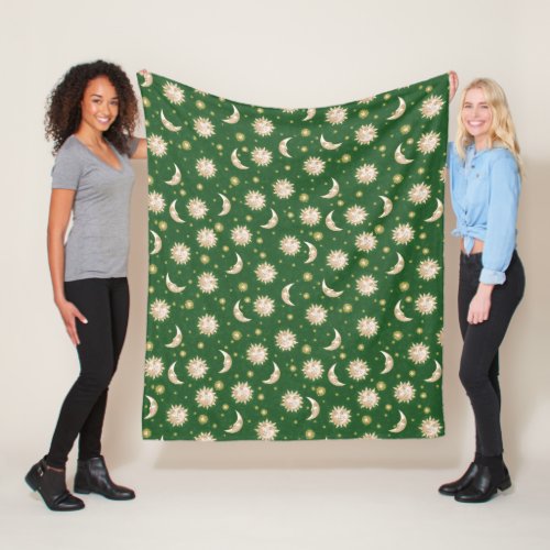 Gold Sun and Moon on Forest Green Fleece Blanket