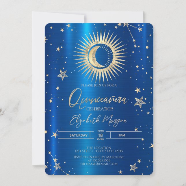 Gold Sun And Moon Stars Blue Metallic Quinceanera Invitation (Front)