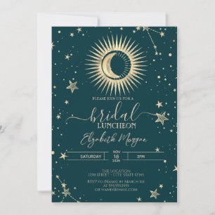 Gold Sun And Moon Stars Green Bridal Luncheon Invitation