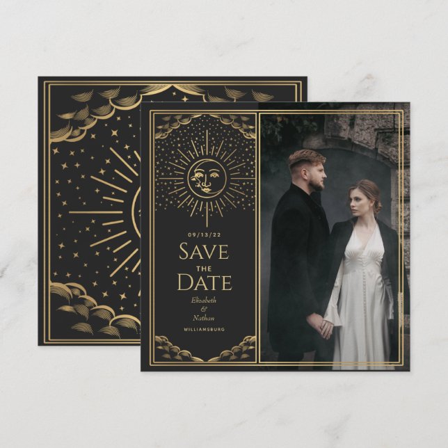 Gold Sun and Moon Tarot Card Photo Save the Date (Front/Back)