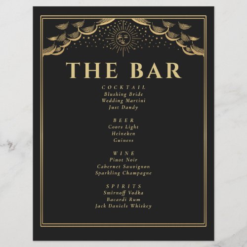 Gold Sun and Moon Tarot Card Wedding Bar Menu Flyer