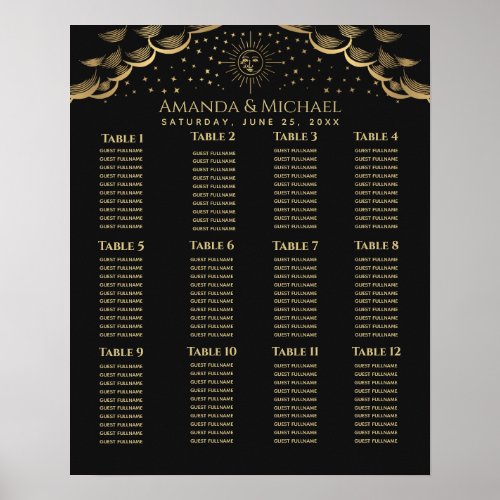 Gold Sun and Moon Tarot Card Wedding Seating Chart