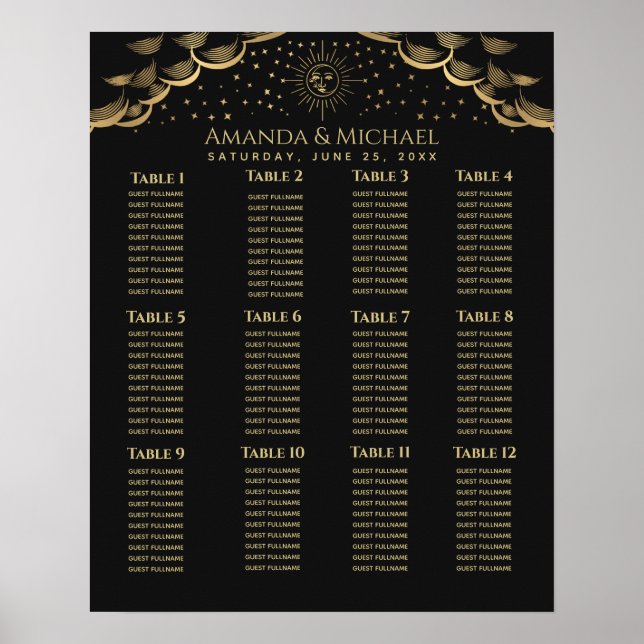Gold Sun and Moon Tarot Card Wedding Seating Chart (Front)