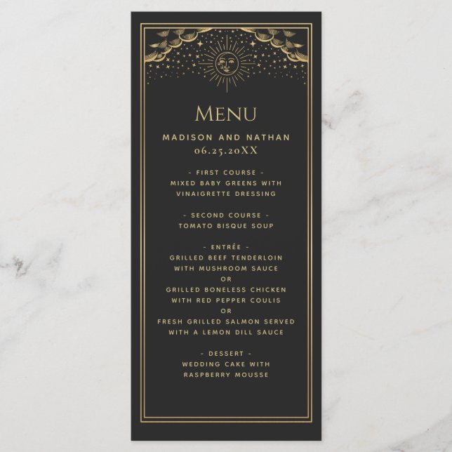 Gold Sun and Moon Tarot Wedding Flat Menu (Front)