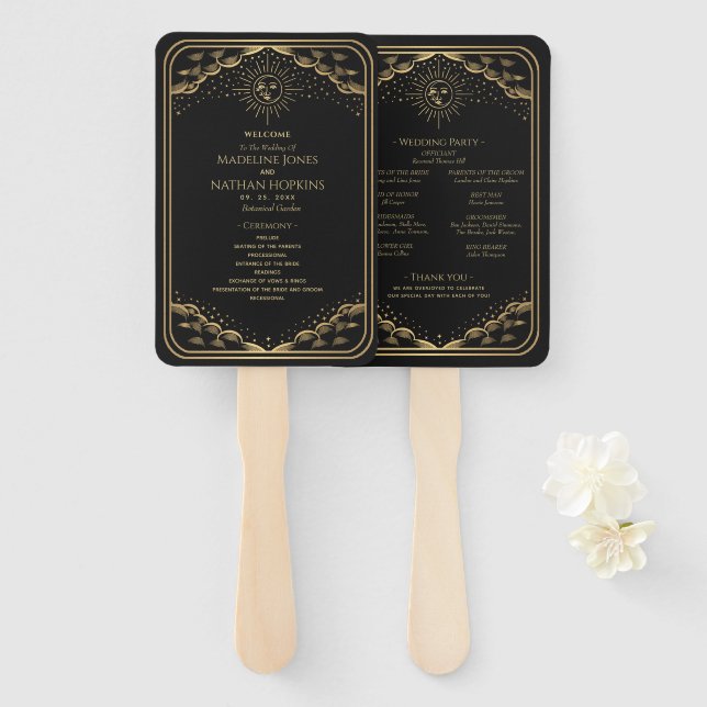 Gold Sun and Moon Tarot Wedding Hand Fan (Front and Back)