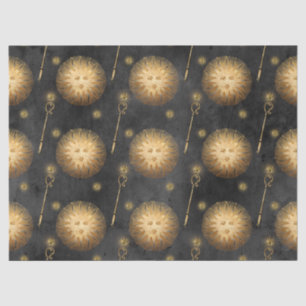 Gold Sun and Scepter Pattern on Black Decoupage Tissue Paper