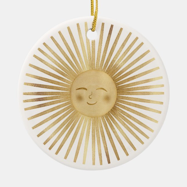 Gold Sun Happy Sunshine Ceramic Ornament (Front)