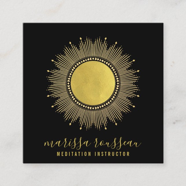 Gold Sun Mandala Black Meditation Instructor Square Business Card (Front)