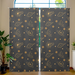 Gold sun, moon and stars on gray blackout curtains