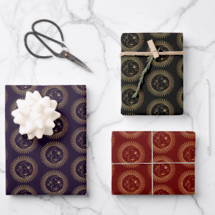 Gold Sun & Moon Faces Celestial Pattern Trio Wrapping Paper Sheets