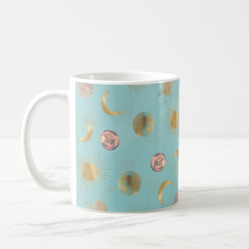 Gold Sun Moon Planets Space Blue illustration Coffee Mug