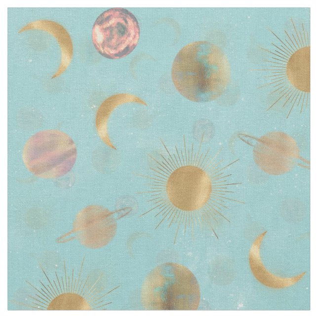 Gold Sun Moon Planets Space Blue illustration Fabric (Close Up)
