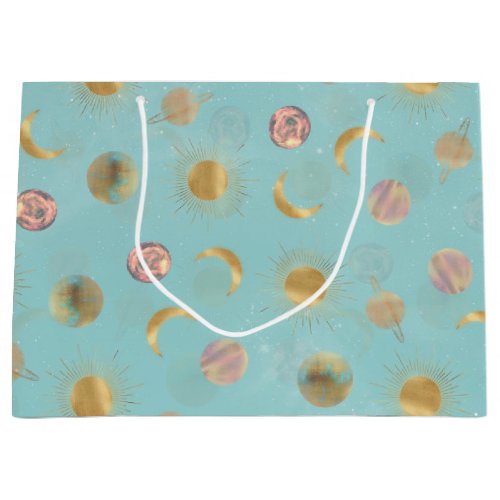 Gold Sun Moon Planets Space Blue illustration Large Gift Bag