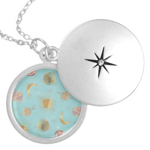 Gold Sun Moon Planets Space Blue illustration Locket Necklace