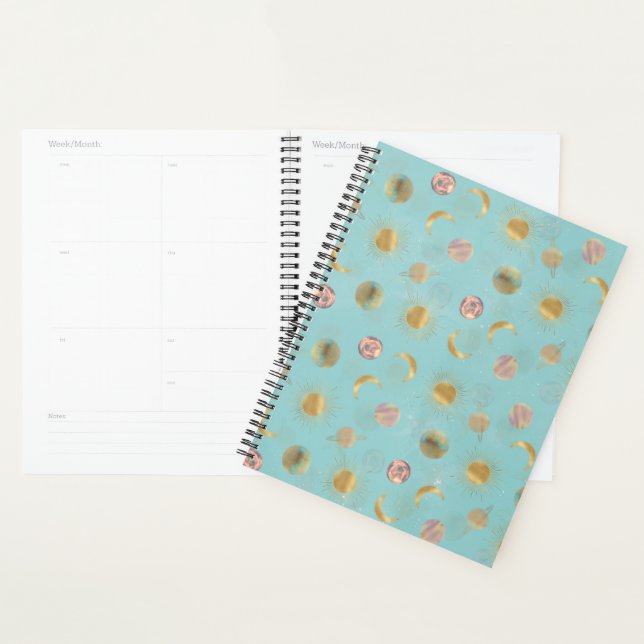 Gold Sun Moon Planets Space Blue illustration Planner (Display)