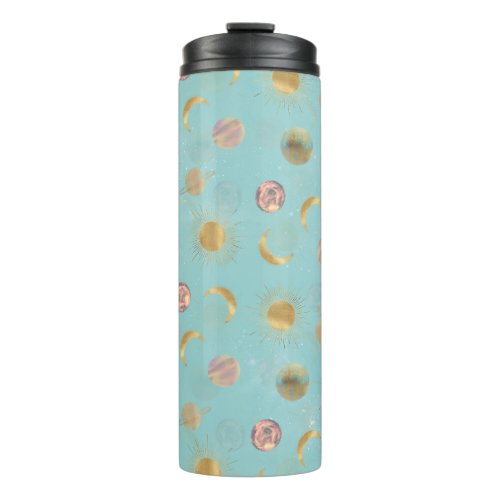 Gold Sun Moon Planets Space Blue illustration Thermal Tumbler