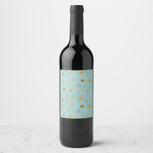Gold Sun Moon Planets Space Blue illustration Wine Label (Front)