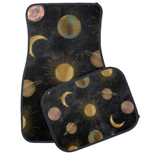 Gold Sun Moon Planets Space illustration Car Floor Mat