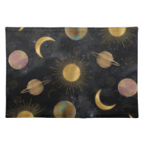 Gold Sun Moon Planets Space illustration Cloth Placemat