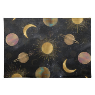 Gold Sun Moon Planets Space illustration Cloth Placemat