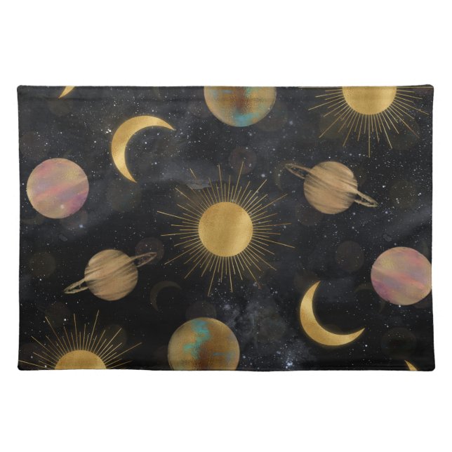 Gold Sun Moon Planets Space illustration Cloth Placemat (Front)