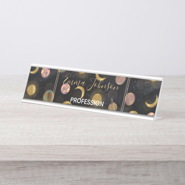 Gold Sun Moon Planets Space illustration Desk Name Plate (Front)
