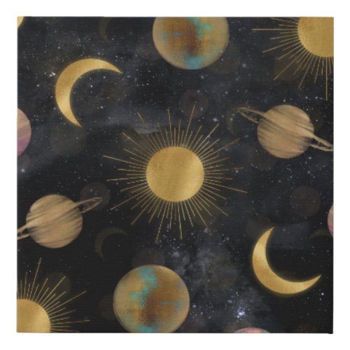 Gold Sun Moon Planets Space illustration Faux Canvas Print