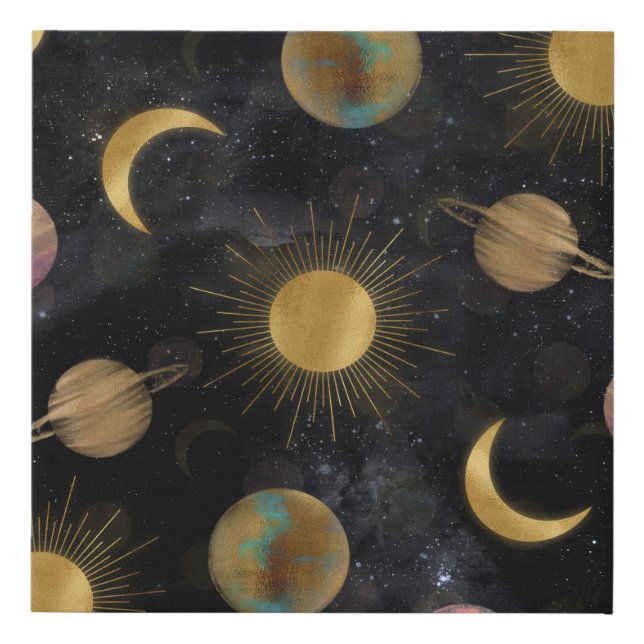 Gold Sun Moon Planets Space illustration Faux Canvas Print (Front)