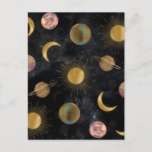 Gold Sun Moon Planets Space illustration Holiday Postcard