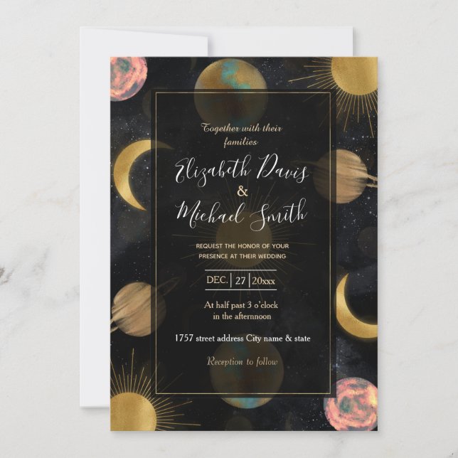 Gold Sun Moon Planets Space illustration Invitation (Front)