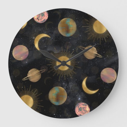 Gold Sun Moon Planets Space illustration Large Clock