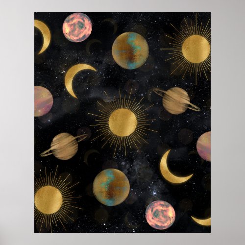 Gold Sun Moon Planets Space illustration Poster