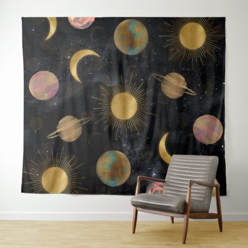 Gold Sun Moon Planets Space illustration Tapestry