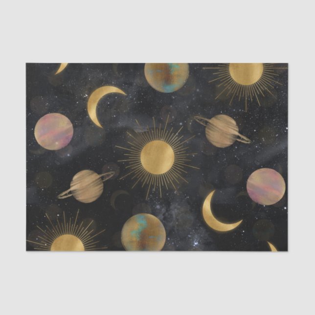 Gold Sun Moon Planets Space illustration Tissue Paper (Front)