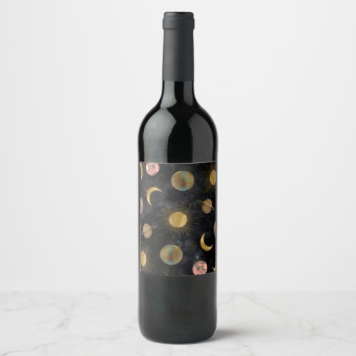 Gold Sun Moon Planets Space illustration Wine Label