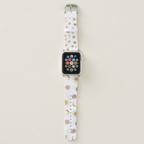 Gold Sun Moon Planets Space White illustration Apple Watch Band