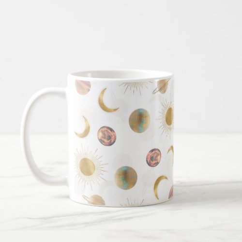 Gold Sun Moon Planets Space White illustration Coffee Mug