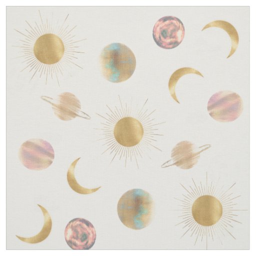 Gold Sun Moon Planets Space White illustration Fabric