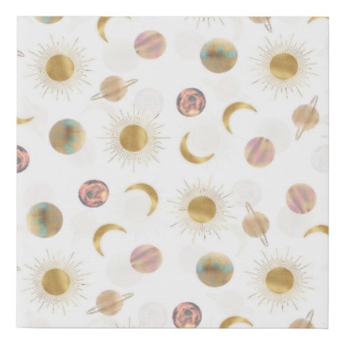 Gold Sun Moon Planets Space White illustration Faux Canvas Print