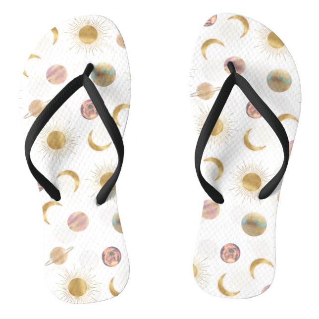 Gold Sun Moon Planets Space White illustration Flip Flops (Footbed)